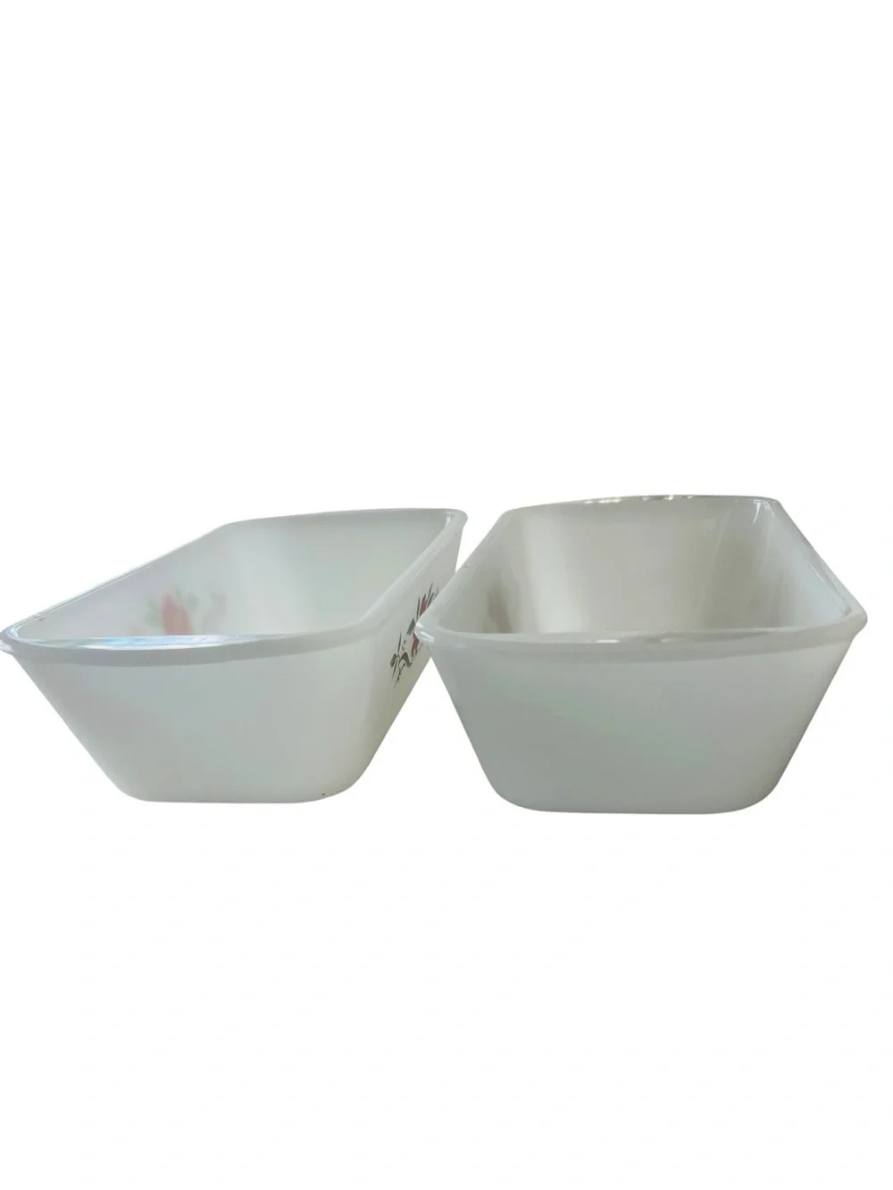Vintage Glassbake J522 Milk Glass Loaf Bread Pans Set of 2 Red Floral Baking